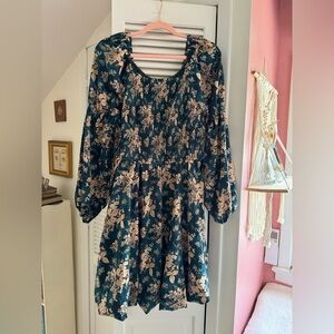 Hayden Smocked Blue Floral Peasant Sleeve Dress Size L